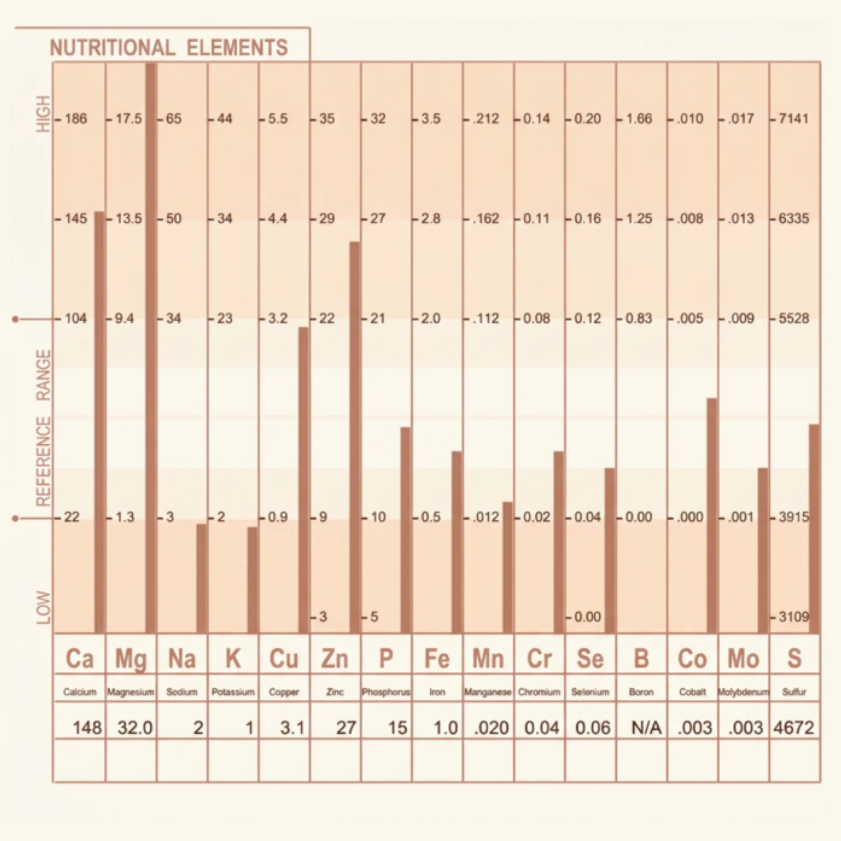 Sample HTMA report showing a bar chart of mineral levels against reference ranges