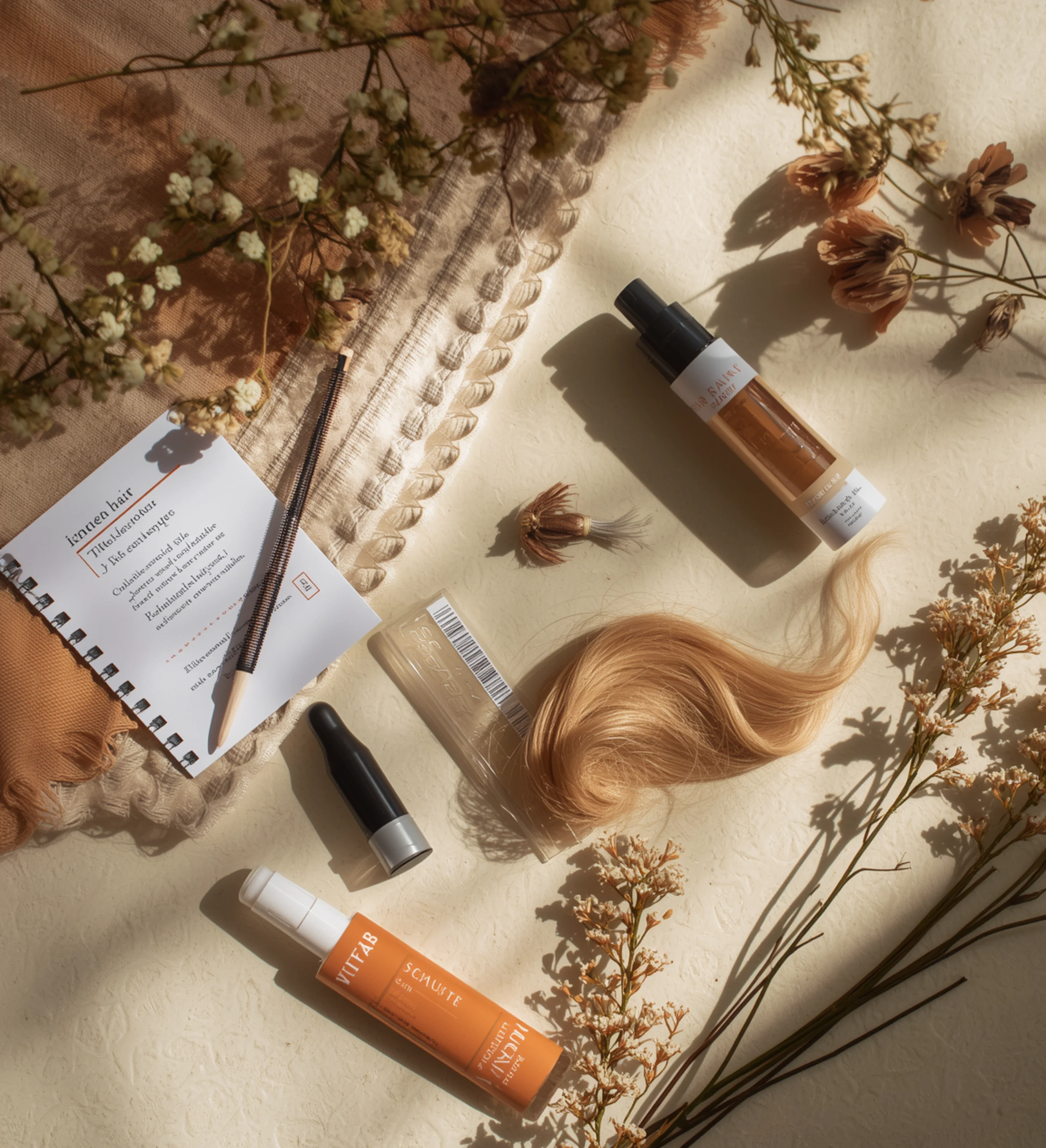 Flat lay of a hair sample with haircare bottles, a notebook and dried flowers on a warm neutral background